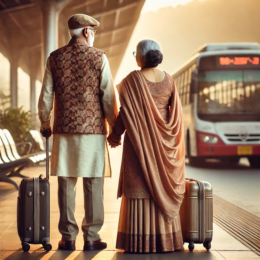 An elderly couple standing together while travelling
